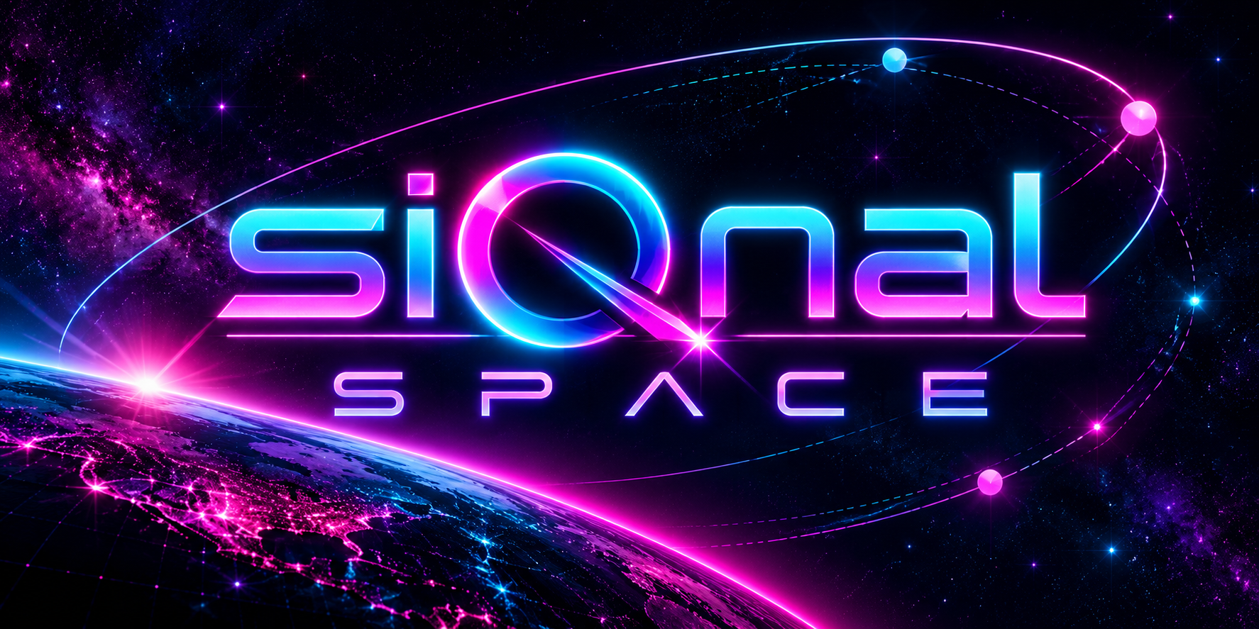 siQnal Space — cyan and magenta neon lettering, orbital signals and Earth's horizon